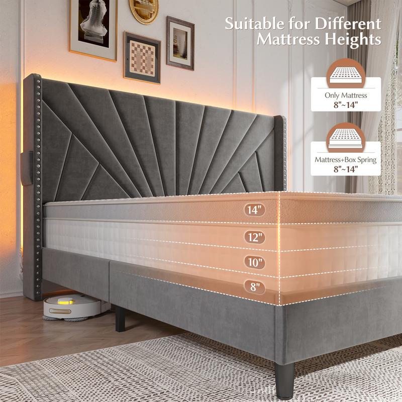 Raybee Full/ Queen/King Size Bed Frame with 51" Velvet Upholstered Headboard, up to 900 LBS ,Platform Bedframe with Charging Station and LED Lights, Wingback Headboard, No Box Spring Needed, Noise-Free[Black Friday]
