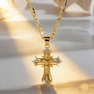 Premium Stainless Steel Gold Jesus Crucifix Cross Necklace with Zircon Accents 50CM+5CM Figaro Chain 35MM Pendant Hypoallergenic Faith Accessory