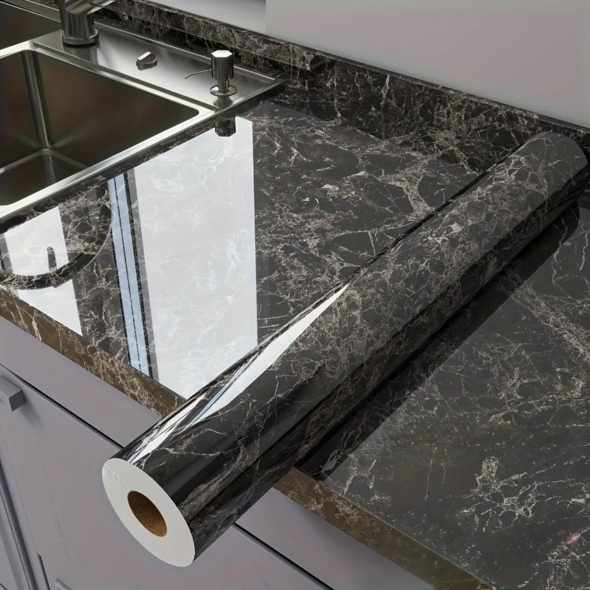 Glossy Marble-Look Self-Adhesive PVC Peel-and-Stick Wallpaper, Heat-Resistant, Oil-Resistant, Easy to Apply & Remove, Countertop Tiles Wallpaper, Pre-Pasted Stick-On Furniture Stickers for Kitchen Counter Decor