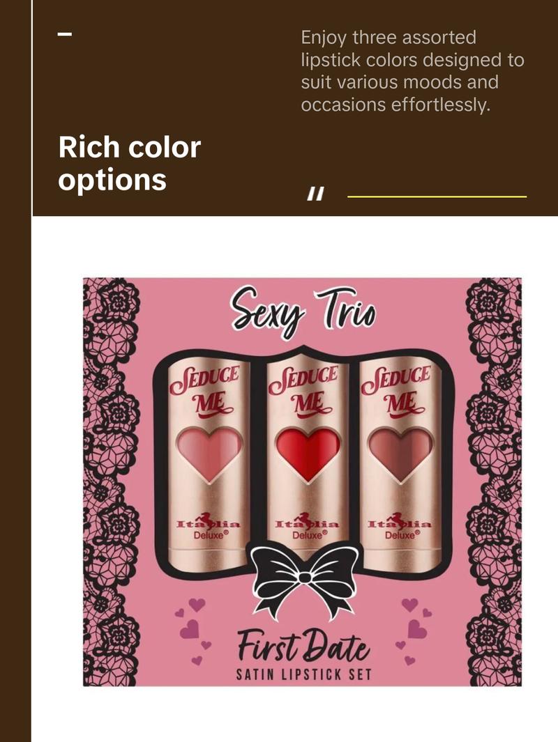 Italia Deluxe Sexy Trio Satin Lipstick Set - Silky Soft Moisturizing Lipsticks in Assorted Colors - Affordable Makeup Cosmetic Italia Deluxe Sexy Trio Satin Lipstick Set - Silky Soft Moisturizing Lipsticks in Assorted Colors - Affordable Makeup Cosmetic