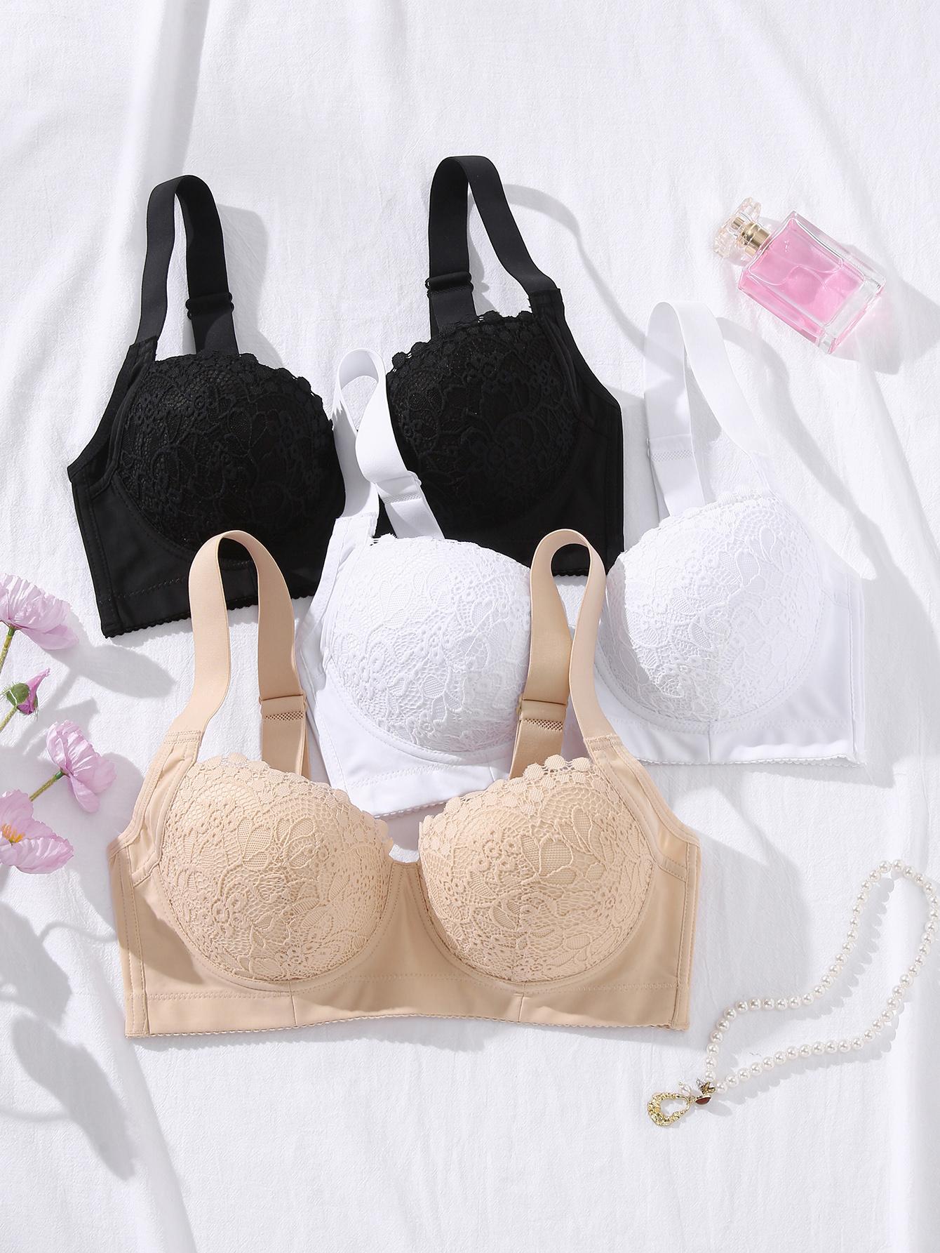 Mimilemon 3PCS Elegant Ladies Bra Non-Detachable Pads Steel Cups Floral Pattern Comfortable All-Day Wear Adjustable Underwear everyday lace Elegance Womenswear Push up bra brasier Aesthetic Style