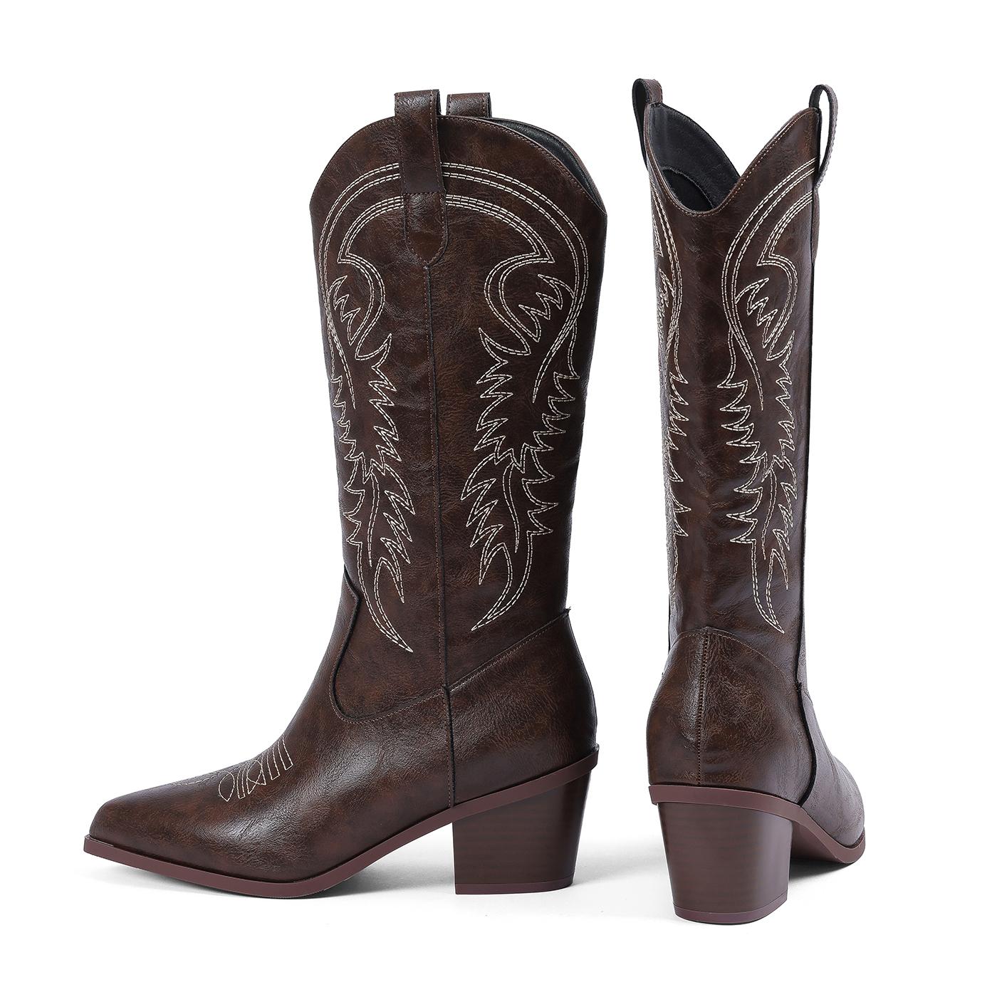 EROCALL Women's Western Knee High Cowboy Boots Embroidered Wide Calf Cowgirl Boots with Chunky Block Heel for Fall Winter