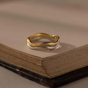 Mixed Metal Wave Ring Set by Caitlyn Minimalist - Two Tone Curved Stacking Rings - Minimalist Gold & Silver Jewelry - Gift for Her