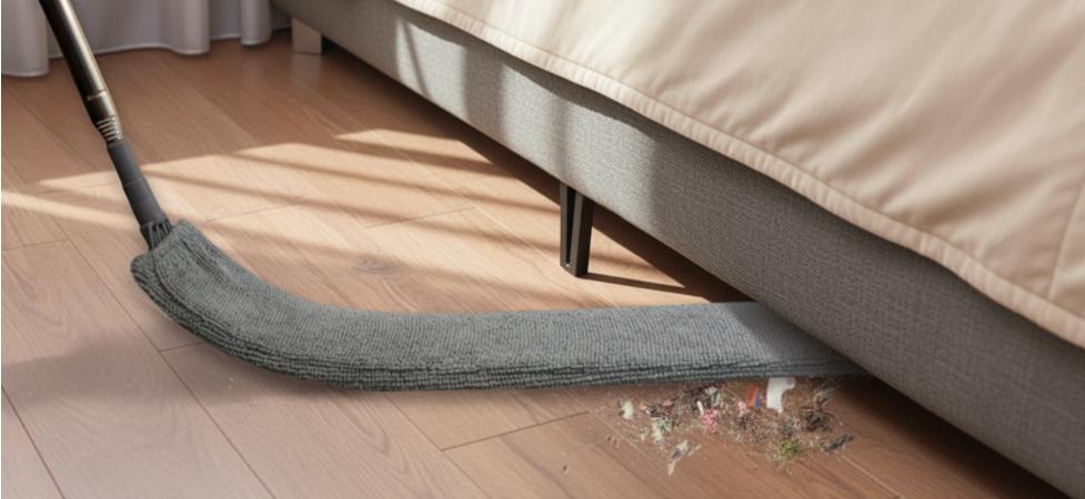 Gray Flat Gap Dust Cleaner with Extendable Retractable Pole - 2 Washable Microfiber Pads, Slim Flexible Duster for Under Bed Sofa Cabinet Refrigerator