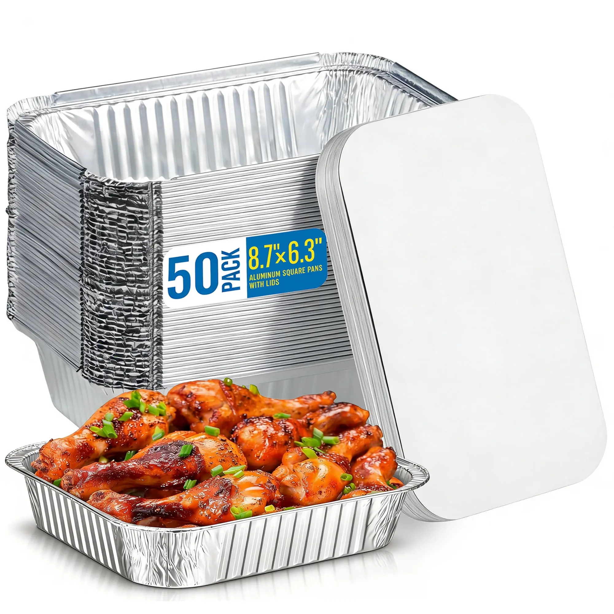 50-Pack Disposable Aluminum Cookware Pans with Lids, 8.6in x 6.3in Oven-Safe for Meal Prep, Takeout