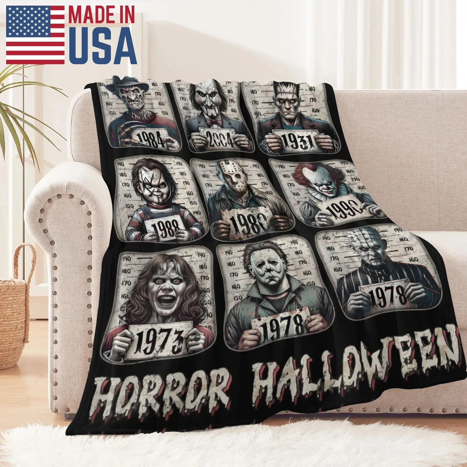 Horror Movie Themed Cozy Blanket Throw - Soft Warm Blanket, Comfortable Fluffy Fabric, All-Season Use, Ideal for Sofas & Bedrooms, Halloween Birthday Fan Gift