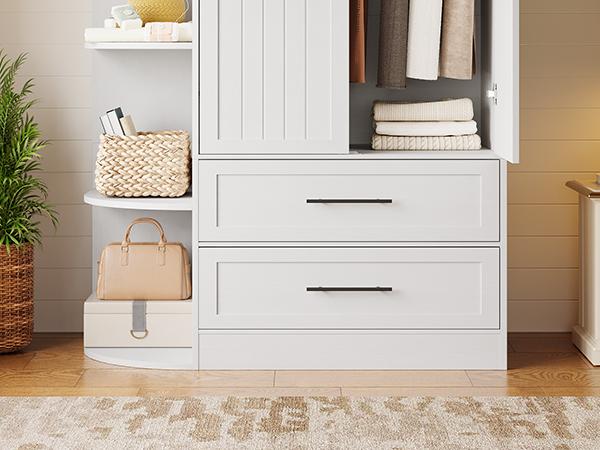 HOOBRO Wardrobe Closet, Storage Closet Cabinet with 2 Drawers, Bedroom Armoire with Storage Shelves, Modern Style with Arc-Designed Side Shelves, Open and Hidden Space, for Bedroom, White