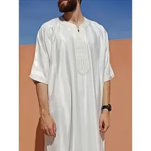 Moroccan style stunning embroidery men's solid color soft fabric Islamic clothing