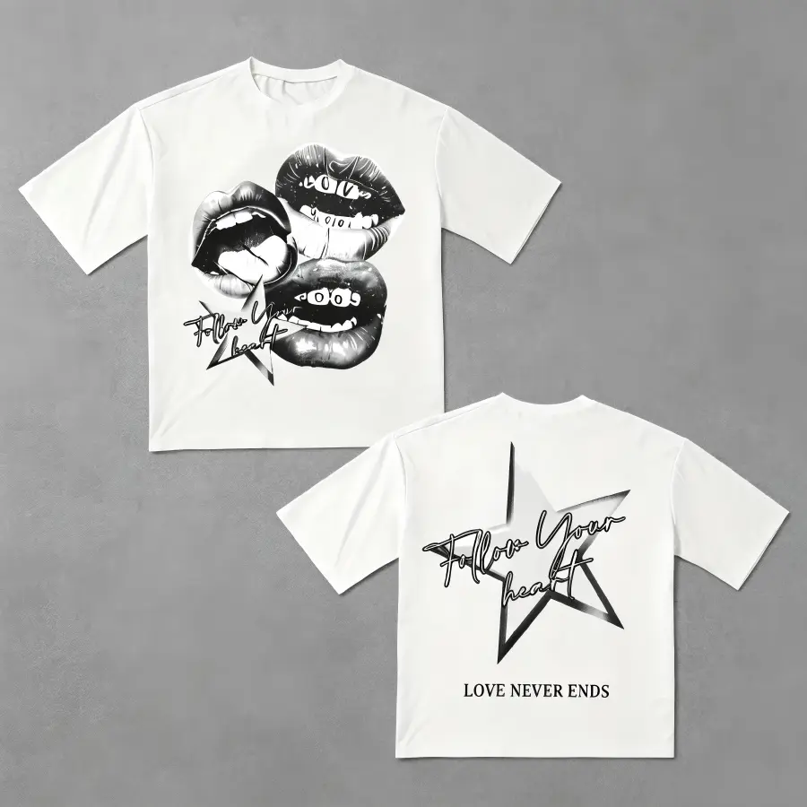 Graphic Lips Star Print Y2K Grunge Graphic Tee, Vintage Streetwear Shortsleeve Drop Shoulder Unisex T-Shirt, Casual Summer Crewneck Top for Men Women