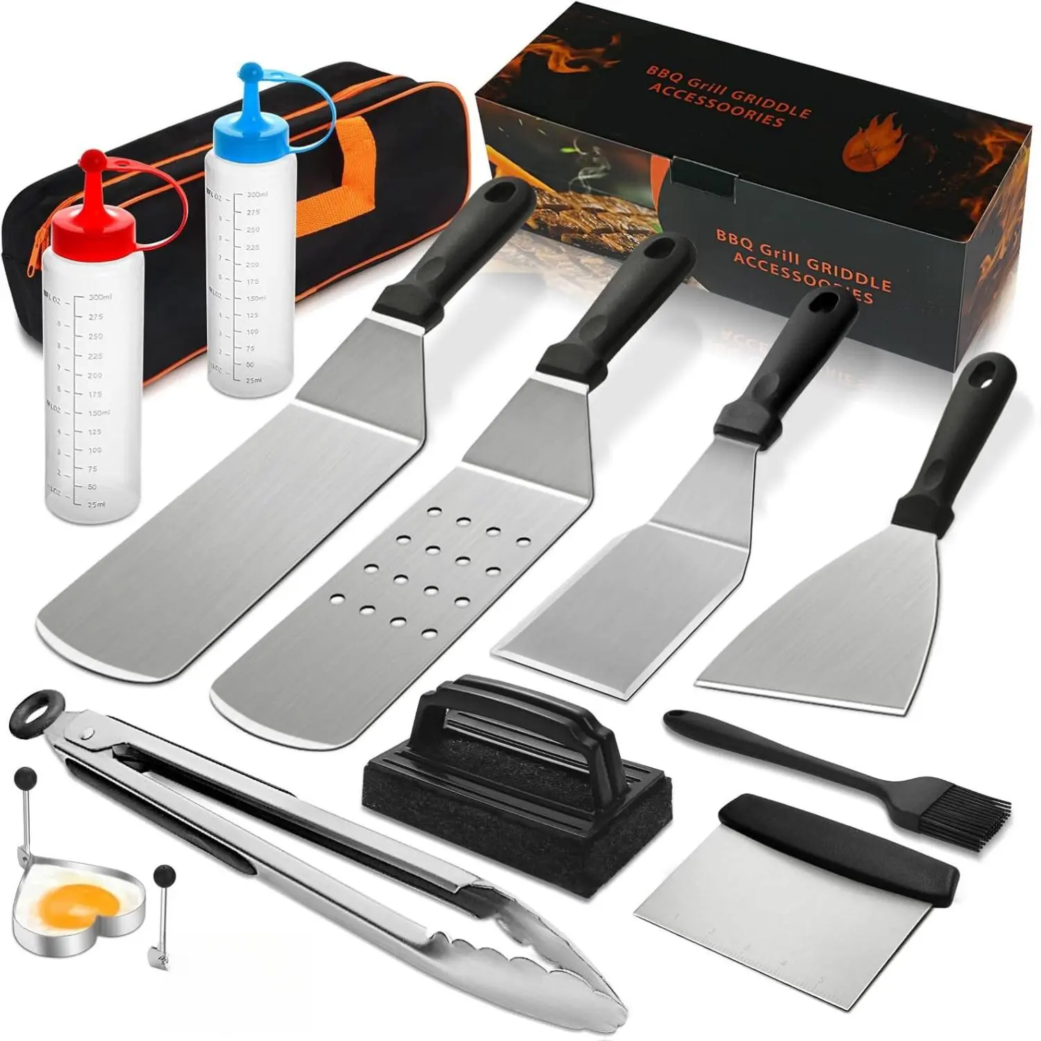 14PCS Griddle Accessories Kit, Flat Top Grill Accessories Set for Blackstone and Camp Chef, Grill Spatula Set with Enlarged Spatulas, Scraper for Outdoor Barbecue