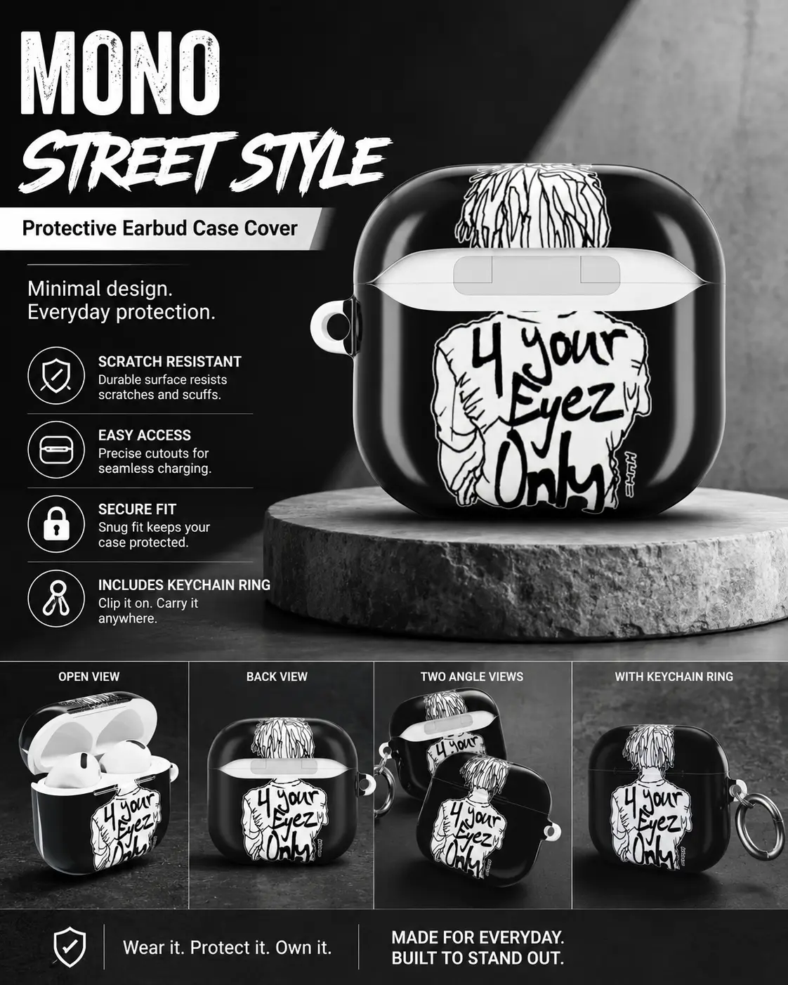 Retro Black & White Street Graphic Earbud Case Cover with Keychain - Protective Hard Shell Device for Wireless Earbuds, Supports Charging & Enhanced Audio Performance