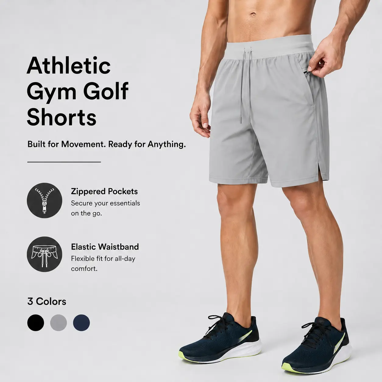 Men's Athletic Gym Golf Shorts 7 Inch Inseam with Zipper Pockets, Lightweight Quick Dry Stretch Running Shorts with Elastic Waistband, Workout Training Active Shorts for Casual Everyday Wear