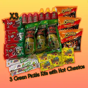 Family Three Pack Green Pickle Kits with Hot Cheetos, Lucas Powder, Liquid Lucas, Salsaghetti Skwinkles, Gushers, and Fruit Roll Ups Snacks Snack Gift