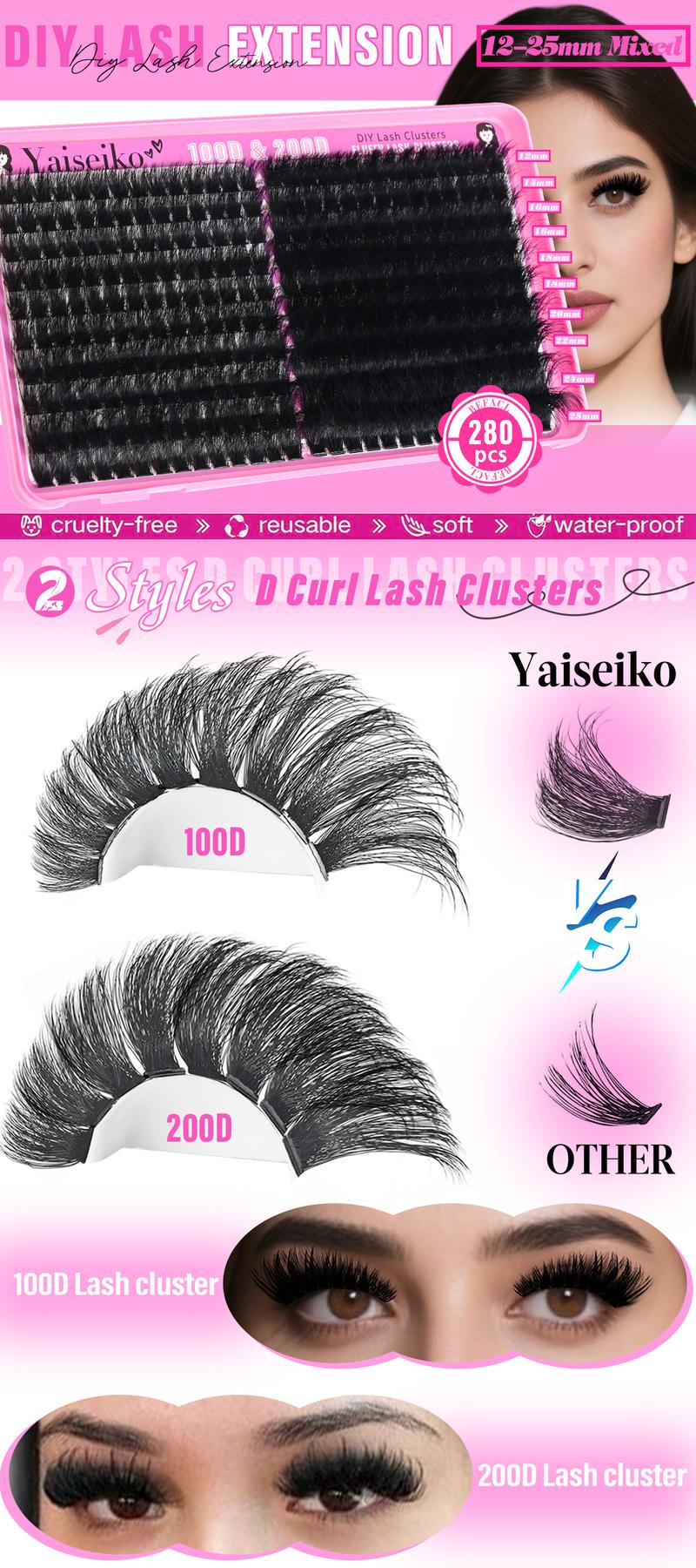Lash Clusters 100D+200D Thick Eyelash Clusters 12-25mm Wispy Individual Mega Volume Lashes D C Cluster Eyelash Extensions 280Pcs DIY Lash Extension at Home, by Yaiseiko(Plant Fiber)