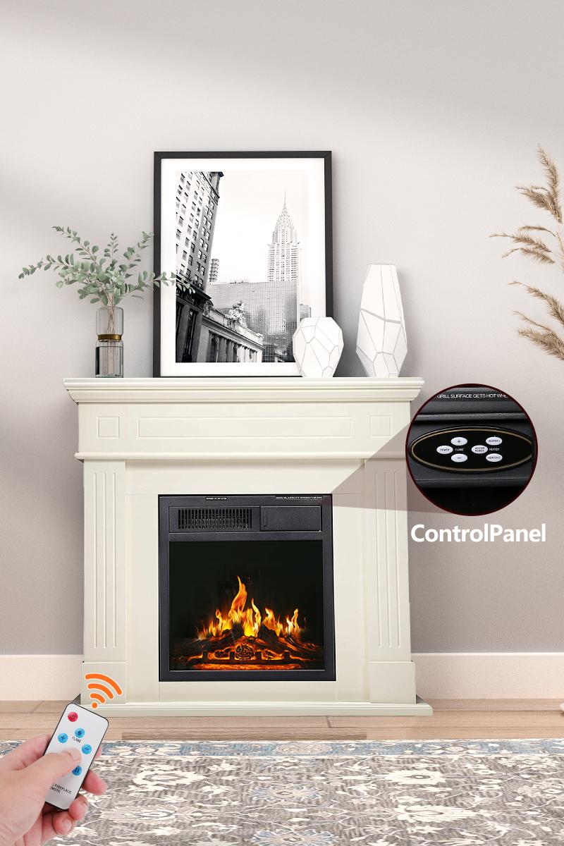 R.W.FLAME 44" Electric Fireplace with Mantel Package Freestanding Fireplace Heater Corner Firebox with Log & Remote Control,750-1500W,Lvory White