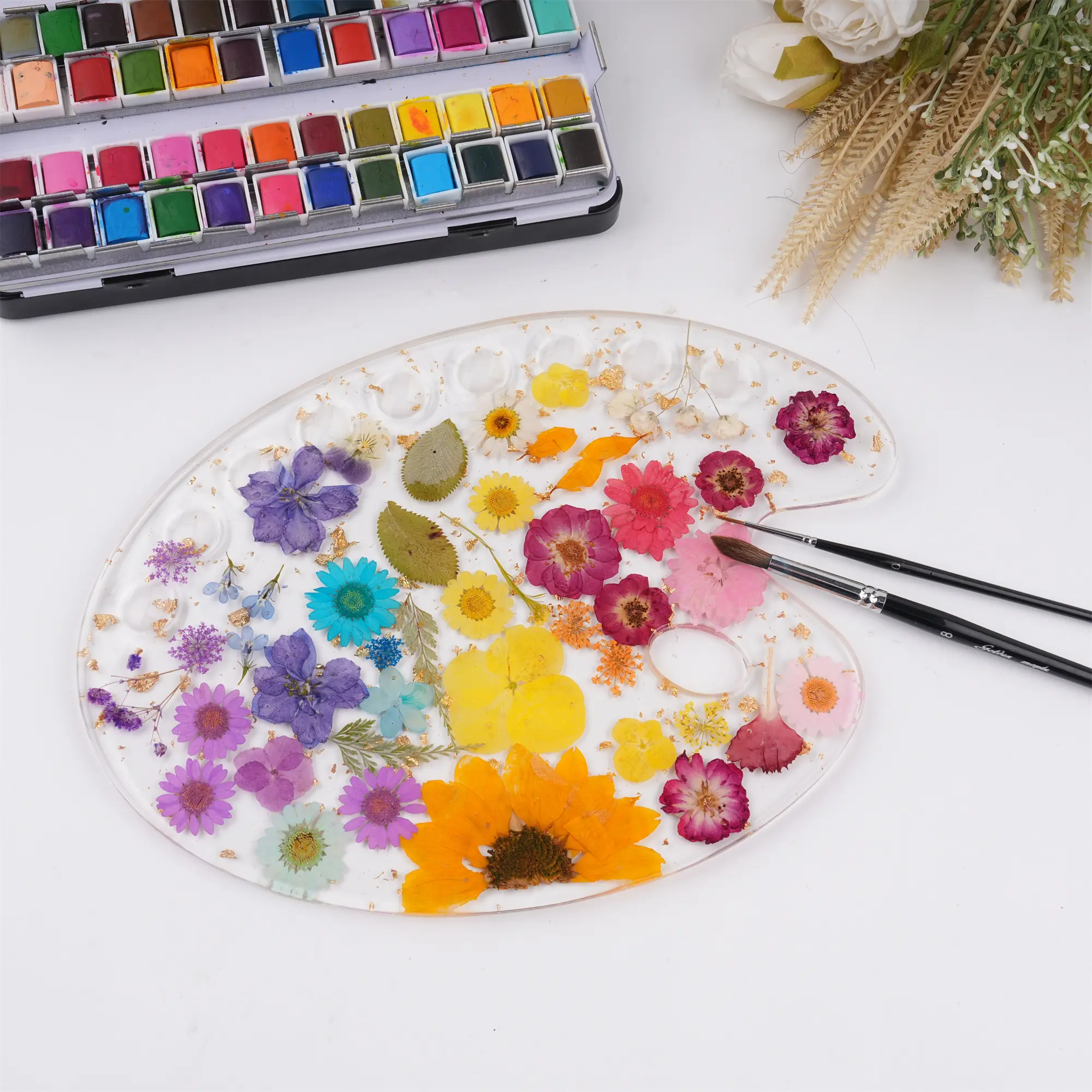 Rainbow Real Floral Resin Paint Palette,Dried Flower Art,Creative Tool&Supplies For Artist,Birthday/Spring Gifts