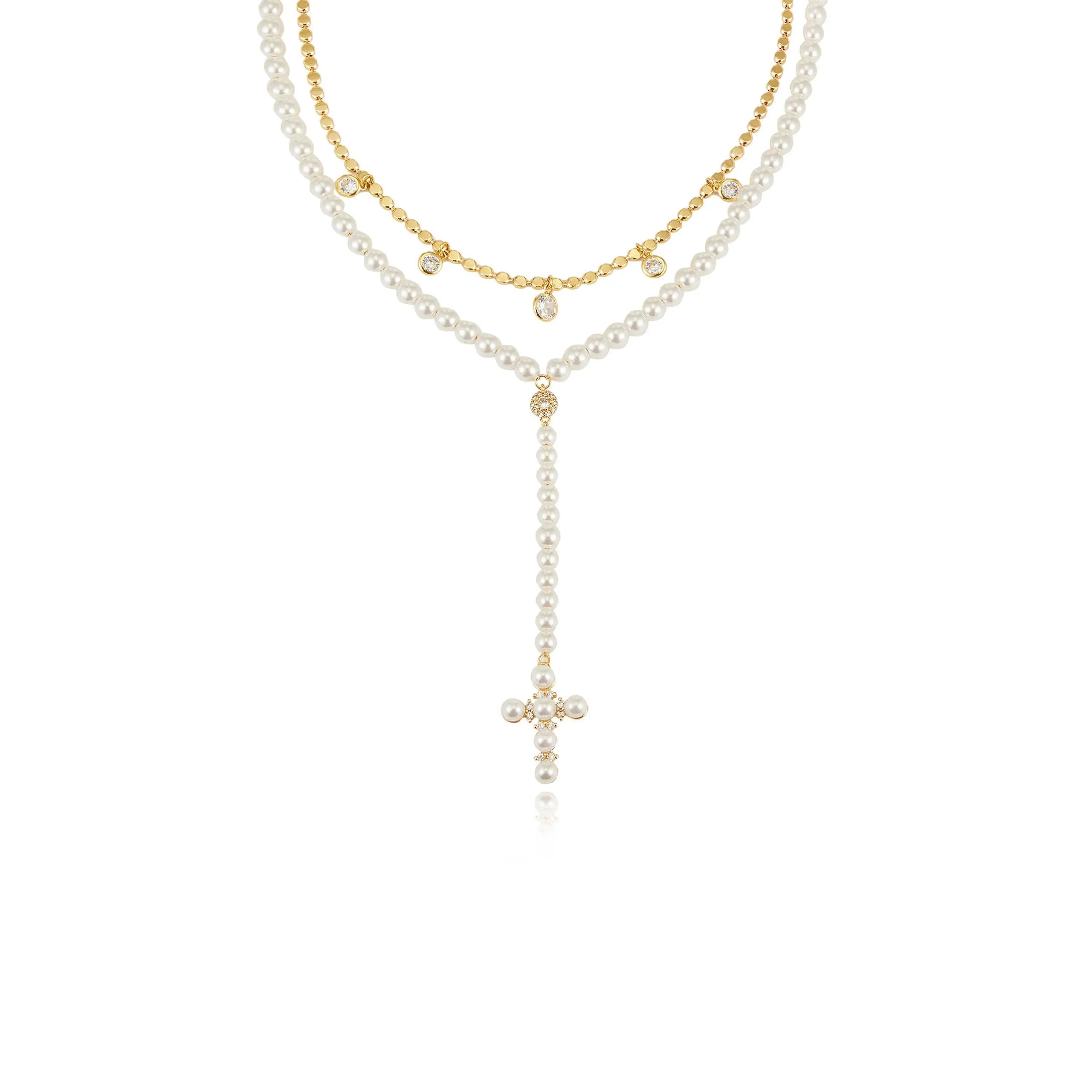 Ettika Pearl Cross Drop Lariat Necklace Set with Pearls and Gold Accents