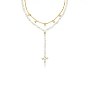 Ettika Pearl Cross Drop Lariat Necklace Set with Pearls and Gold Accents