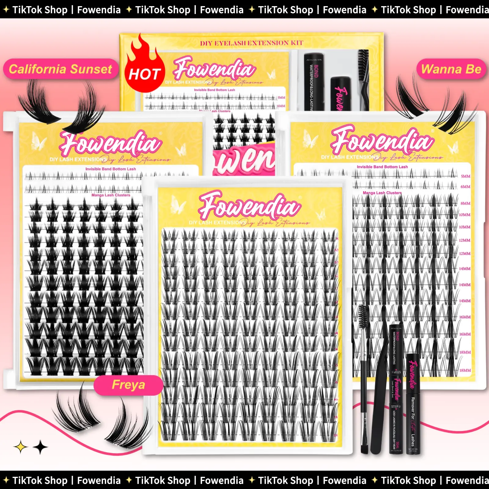 Fowendia Manga Lashes Cluster Lashes C D Curl DIY Extension Kit and California Sunset Wanna Be Freya Lash Clusters Fall Deals For You Campaign 8-18mm with Bond, Seal and Remover - Ultra-Thin Transparent Bands, Lash Magic Anime dealsforyoudays