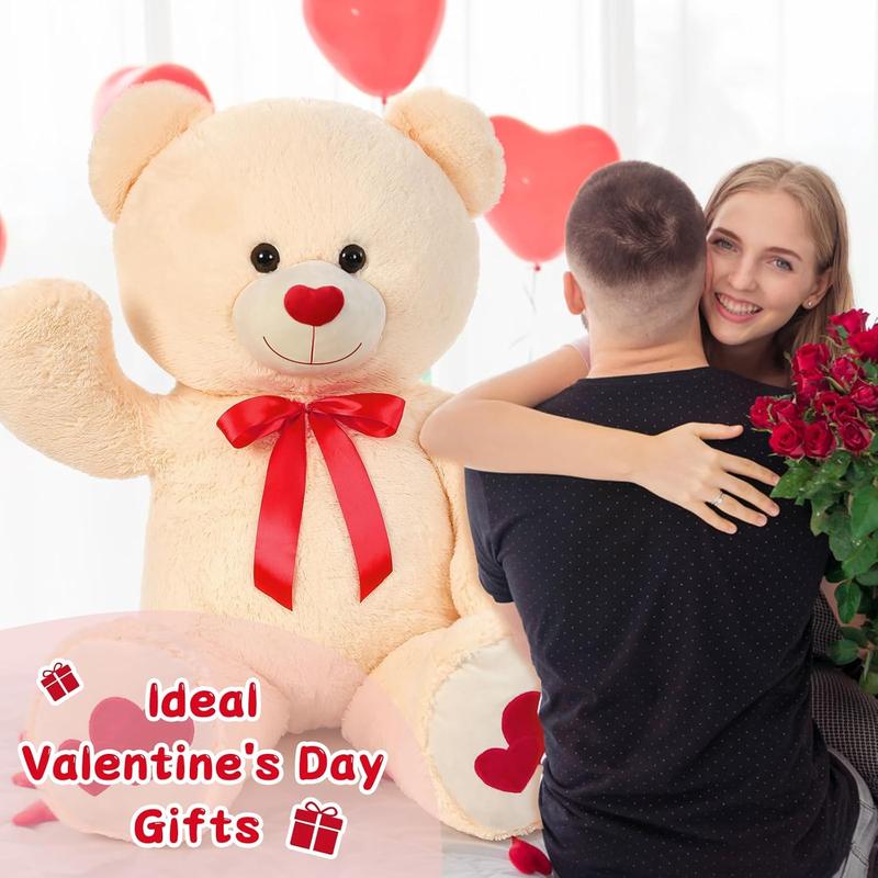 Tezituor Giant Teddy Bear Stuffed Animal 4ft - Big Teddy Bear with Love Red Heart - Large Stuffed Bear Plush Toys for Kid Christmas Birthday - Valentines Bear Gift for Girlfriend, Cream