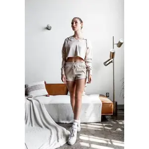 Khaki Raw Edges Cropped Hoodie and Bottom Sets