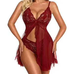 Women's Lace Trim Cami Nightdress & Thong Lingerie Set, Comfy Breathable Nightgown & Panty Set, Women's Sleepwear & Loungewear Set, Sleeveless Nightgown