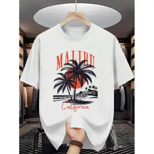 Men'S Summer Short-Sleeve T-Shirt - Vibrant Blue with Malibu California Palm Tree And Sunset Design, Casual Crew Neck Style, Machine Washable, Perfect for Beach Outings And Everyday Wear, Comfortable Clothing