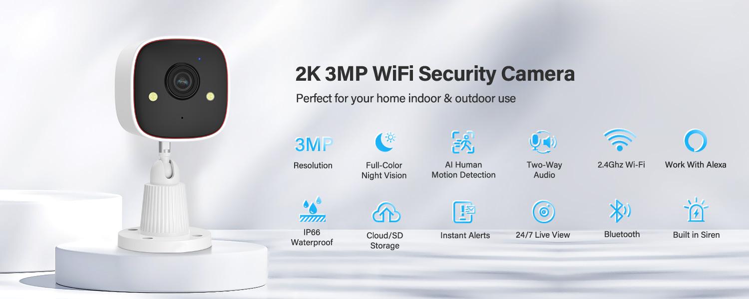 Outdoor/Indoor Security Cameras , 2K 2.4ghz wifi HD Color Night Vision/AI Human Motion Detection /2-Way Audio/IP66 Waterproof Monitor Security Camera for Home,Cloud & 128GB SD Card Storage ,camara de seguridad,baby camera monitor