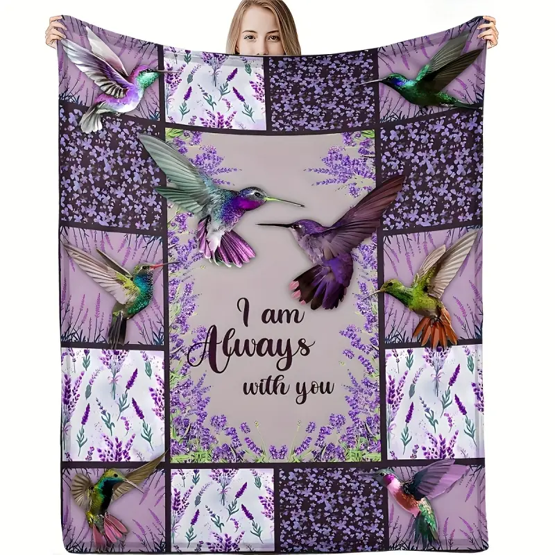 Cozy Hummingbird Print Flannel Blanket - Soft, Warm, Machine Washable with "I Am Always With You" Design, Vibrant Mixed Colors, Ideal for Home Decor, Office Use