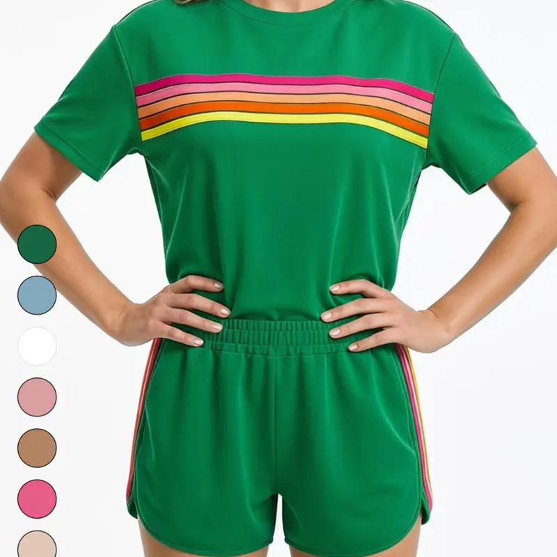 Tongudon Women's 2-Piece Breathable Colorblock Rainbow Striped Casual Athleisure Loungewear Set - Crew Neck Short Sleeve Tee, Curved Hem Pocket Fitted Elastane Above-the-Knee Shorts, Machine Washable Clothes for Women, WFH, Light Sports