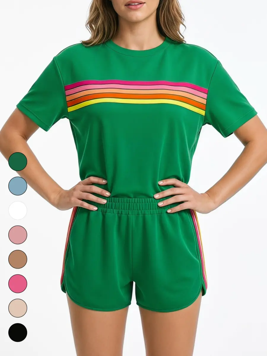 Tongudon Women's 2-Piece Breathable Colorblock Rainbow Striped Athleisure Set - Short Sleeve Tee, Curved Hem Pocket Shorts, Elastane Set for Coffee Runs to WFH, Light Sports, OOTD Ideas, Home Outfits, Machine Washable