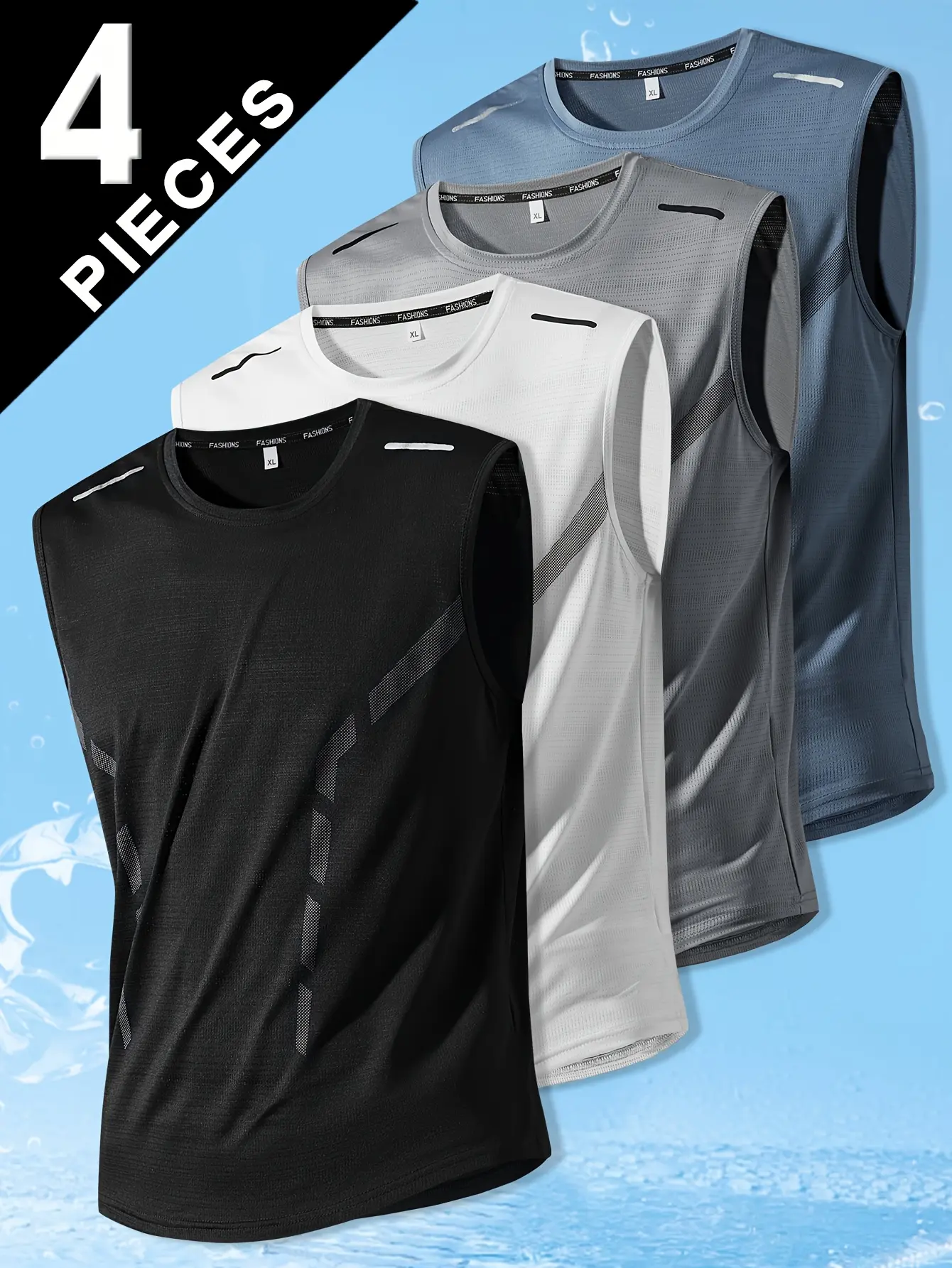 Men’s sports tank top set of 4 — summer ice silk breathable stretch sleeveless T-shirts, suitable for sports, outdoor activities, training, and fitness; also great as gifts
