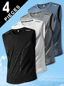 Men’s sports tank top set of 4 — summer ice silk breathable stretch sleeveless T-shirts, suitable for sports, outdoor activities, training, and fitness; also great as gifts