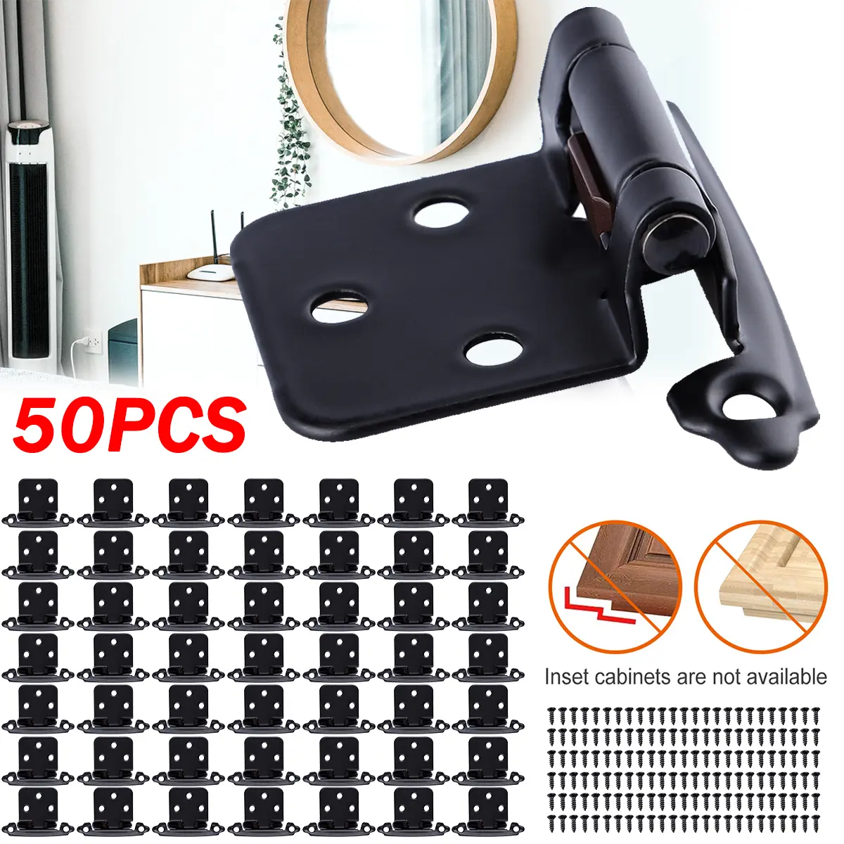 50 Pcs Matte Black Cast Iron Cabinet Hinges, Semi Concealed Variable Overlay, Automatic Closing, Rust Resistant, Easy Install Hinges for Kitchen Cabinet Doors, Automatic Closing Hinges