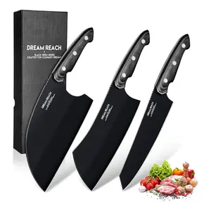 Dream Reach Knife Set - 3PCS Black Cleaver Knives Kit for Meat Cutting BBQ Outdoor Hand Forged Serbian Chef Cleaver for Mother Father Gift Idea