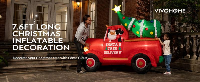 VIVOHOME Christmas Inflatable Outdoor Decoration, Santa on Green Sleigh, Santa and Christmas Tree, Navidad Blow Up Yard Decor with Built-in LED Light for Lawn, Garden, Party  Ornament Water Proof