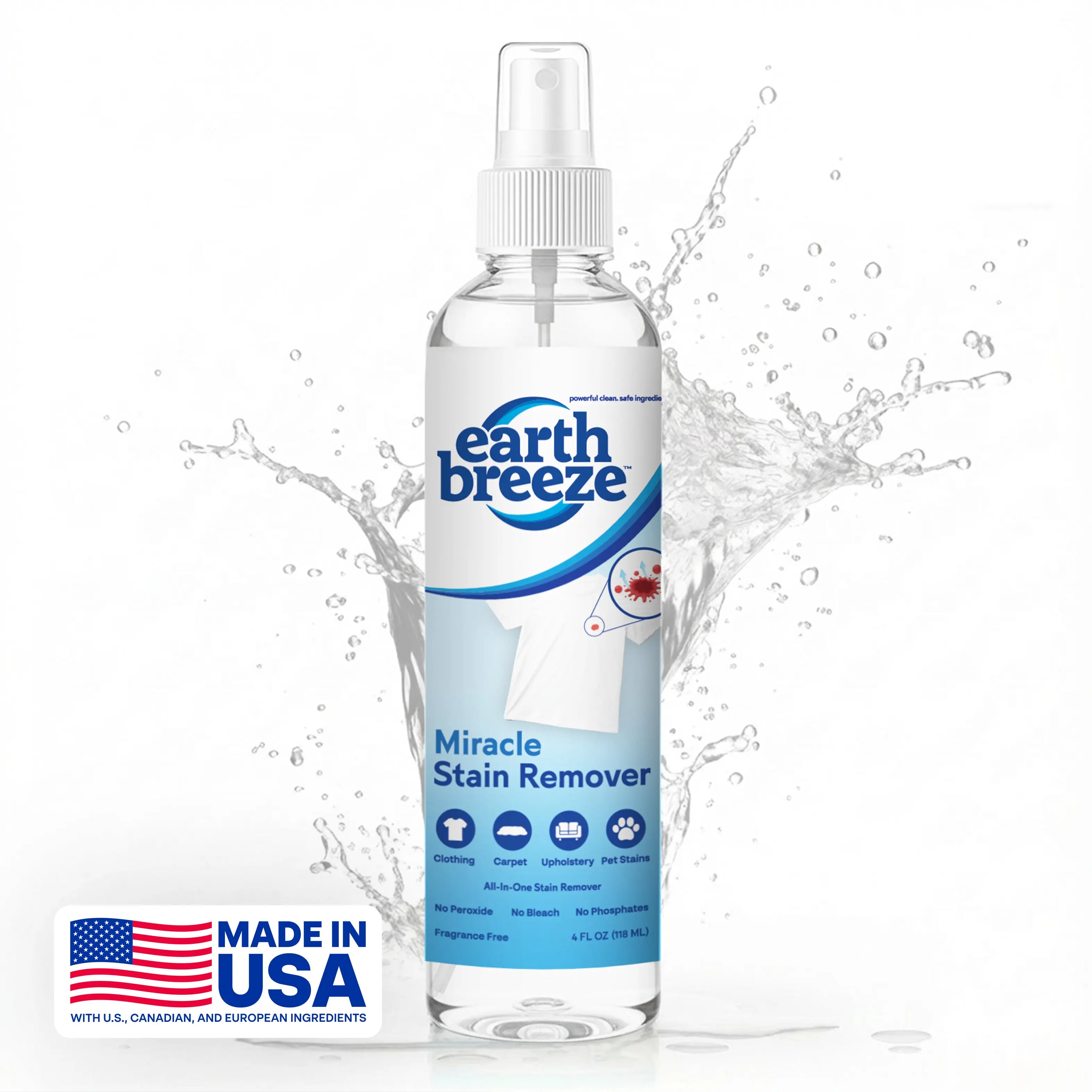 Earth Breeze Miracle Stain Remover Spray, 4fl oz Non-Toxic Bottled Spray All-Purpose Cleaner - Fast-Acting Household Deep Clean Solution, No Harsh Chemicals