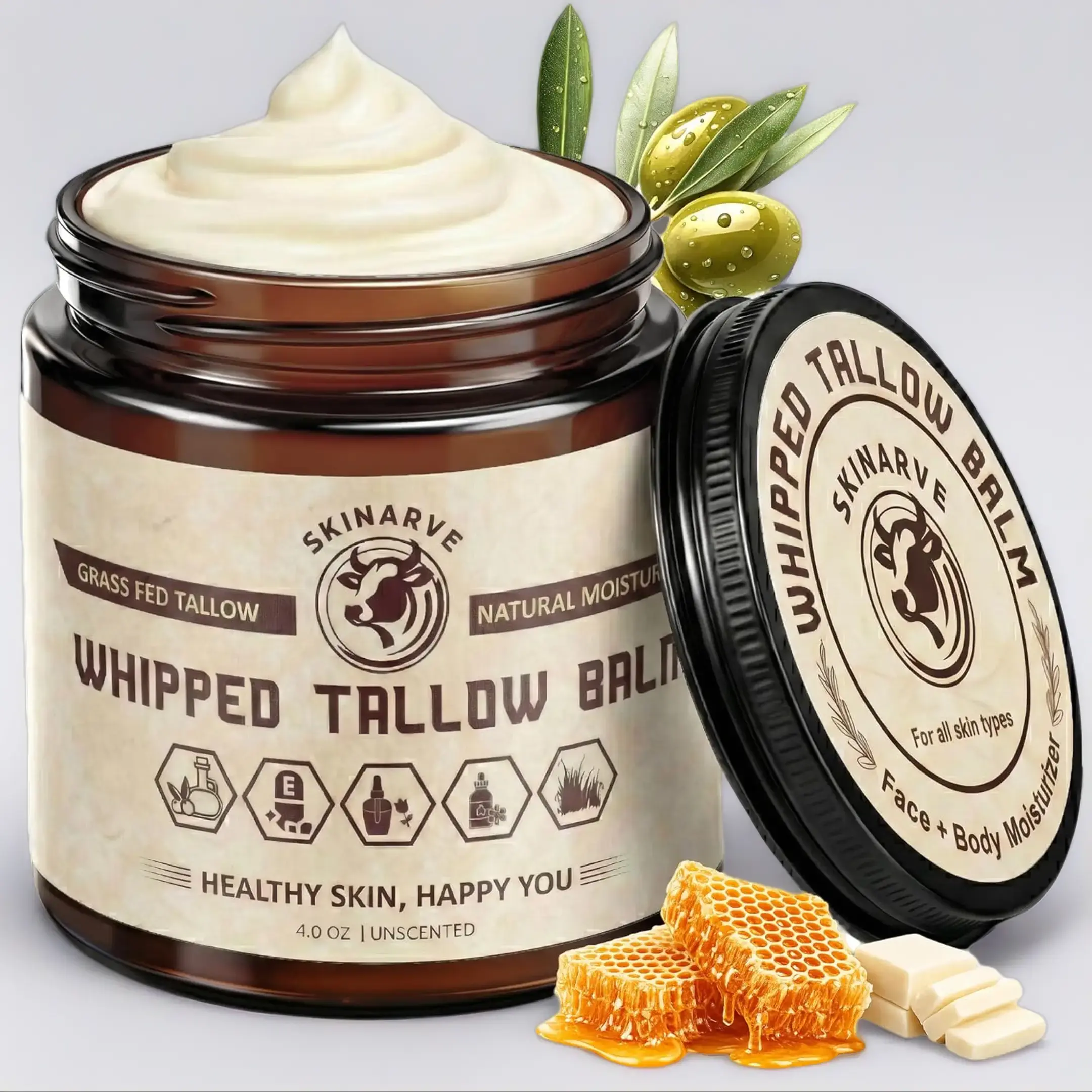 SkinArve Whipped Tallow Balm 4oz Unscented Organic Grass Fed Beef Tallow & Honey Moisturizer for Dry Skin Face & Lip Balm Natural Tallow Lotion Body Butter with Vitamins A D E K