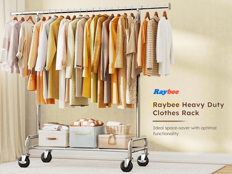 Raybee Furniture Clothes Rack for Hanging Clothing Rack with Hooks, Extendable & Height Adjustable Coat Rack, Heavy Duty Clothes Racks Holds Up to 440LBS, Portable Rolling Garment Rack with Lockable Wheels & 4 Hooks, Chrome【Gift Ideas】