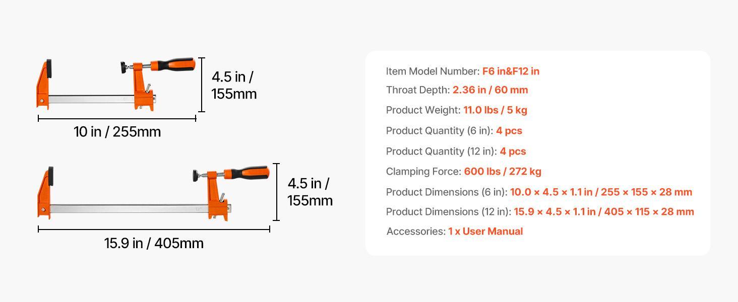 【Summerfinds】VEVOR F Clamps for DIY Enthusiasts, 8-Pack 6" & 12" Woodworking Clamps, 600 lbs Load Limit, Malleable Iron-Carbon Steel, Ergonomic Handle, Plastic Pad, Self-Locking, Raised End Stop, for Metalworking, Bar Clamp Set, Heavy Duty Clamp