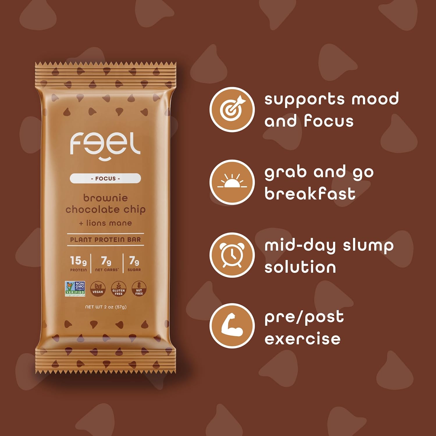 Feel Bars – Vegan Protein Bars | Brownie Chocolate Chip – 10 Pack | 15g Plant Protein | Lions Mane | Keto | Organic | Gluten Free, No Nuts, No Soy, No Dairy, No Grains