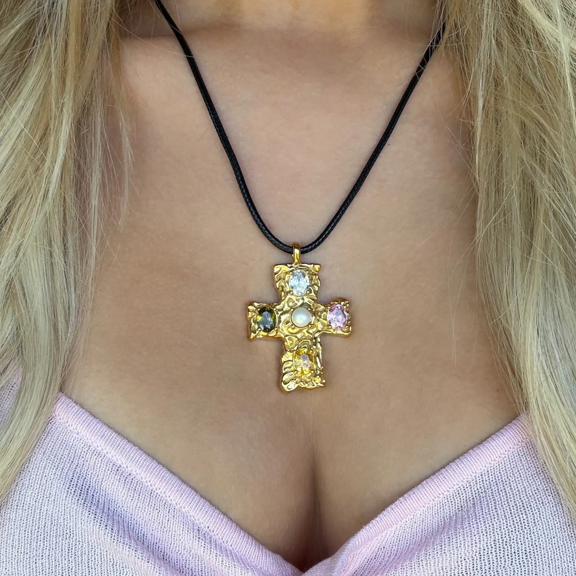 EVRY JEWELS Gold or Silver Plated Women's Popstar Cross Cord Necklace, Cross Pendant, Brass