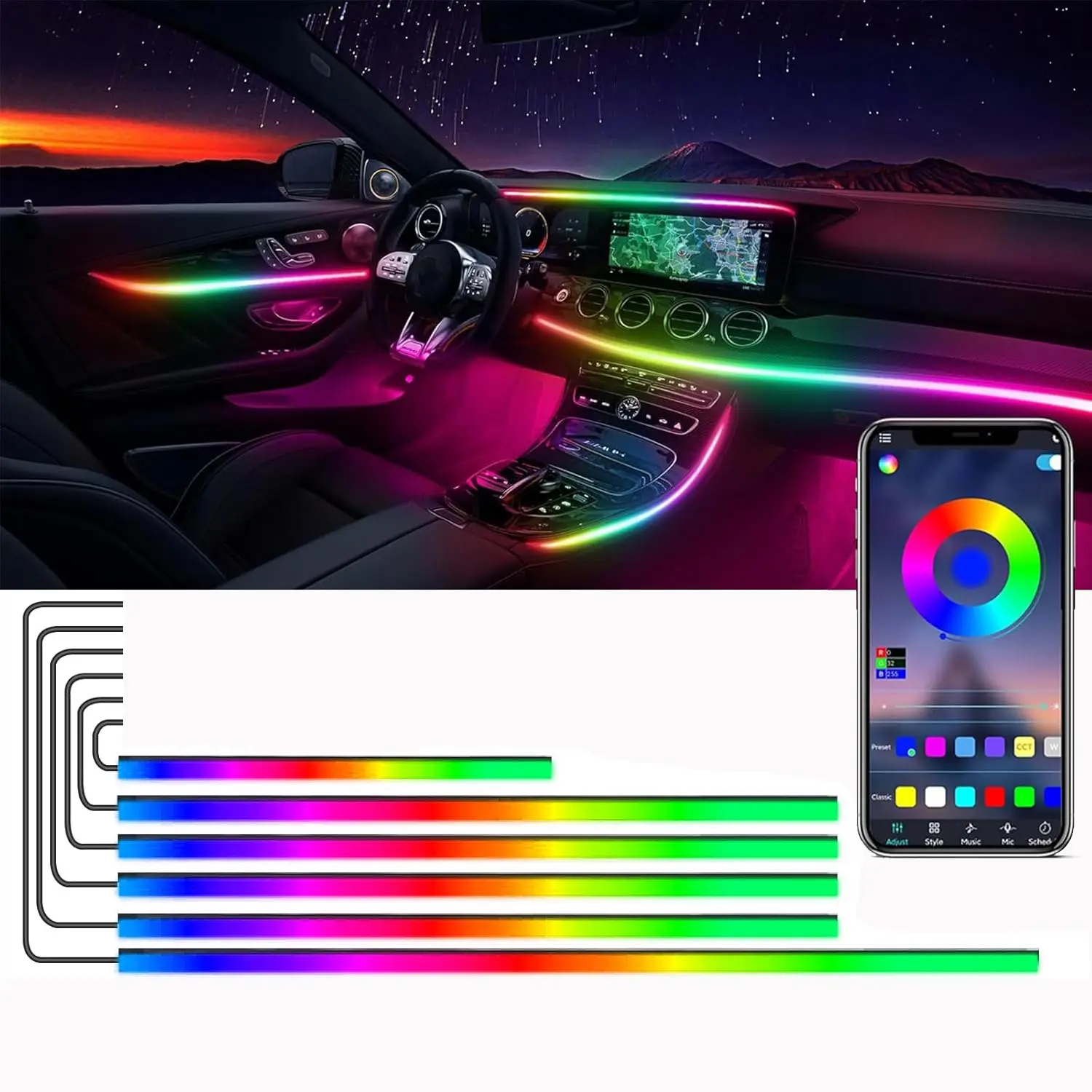 Dreamcolor Acrylic Interior Car LED Strip Lights - Wireless APP-Controlled RGB 6/10/18-in-1 Chasing Kits, 16M Color Changing, Beat-Synced, Static Color Mode, Uniform Light Spread Car Accessories