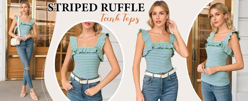 Imily Bela Womens Cute Sleeveless Tank Tops Ruffle Strap Square Neck Blouse Solid Color Knitted Camisole