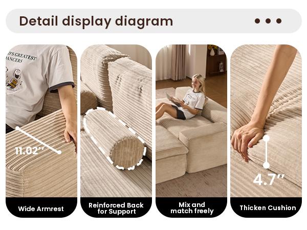 【Stock Up Sale】Ovios 106" Double Layer Cloud Modular Couch with Chaise, Plush Corduroy, No Assembly Required - L-Shaped Sectional Sofa Set with Flexible Configuration - 106"W x 69"D x 36"H, 3 Seater