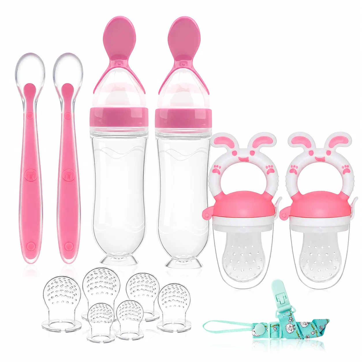Baby Fruit Feeder Pacifier - 6 Pack | 2 Infant Food Feeder Pacifier & 2 Baby Food Dispensing Spoon | Fresh Fruit Teethers for Babies | Silicone Feeder Babies,Infant Teething Feeders -Pink