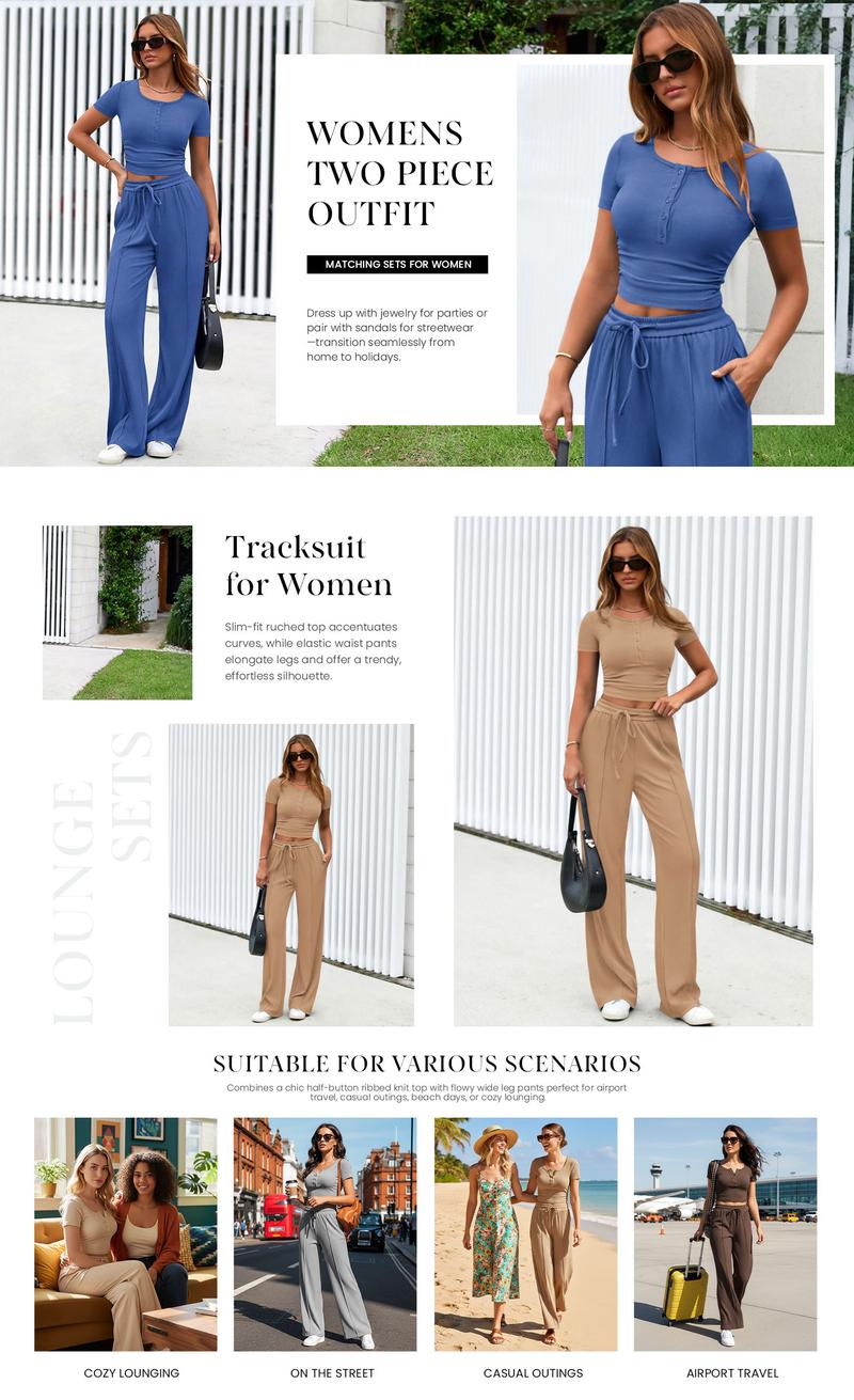 PrettyGarden Women's 2-Piece Outfits Summer Ribbed Knit Button Short Sleeve Crop Slim Fit Tops & Wide Leg Pants Lounge Sets Minimalist Clothes