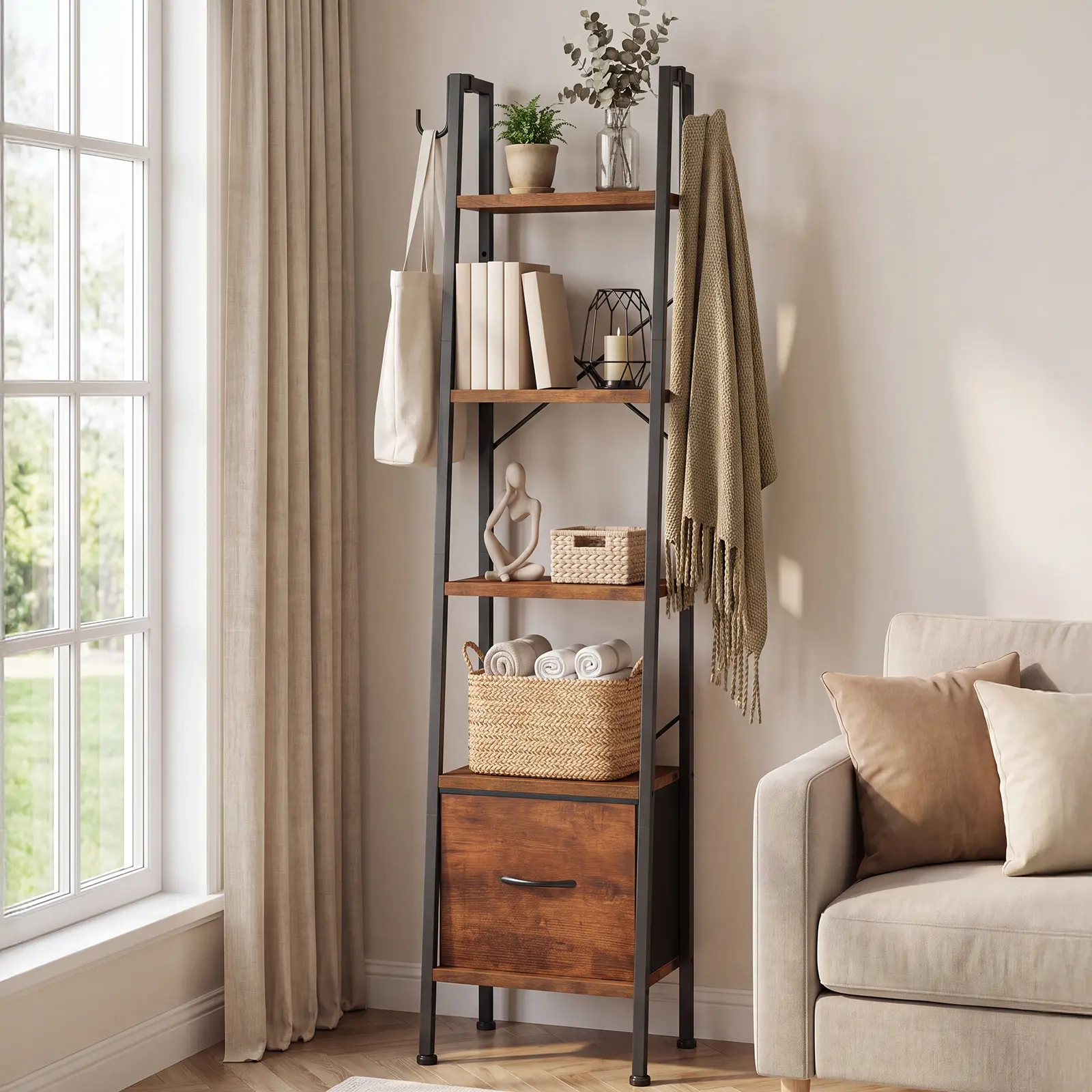 5 Tier Ladder Shelf-Narrow Bookshelf with Fabric Drawer, Side Hooks, Adjustable Feet, Freestanding Storage Rack for Small Space Living Room Bedroom