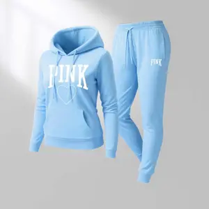Women'S Pink Heart Print  Hoodie And Drawstring Track Pants Set, Casual Sportswear, Long-Sleeved Hooded Jacket And Pants, Suitable For Autumn And Winter, Everyday Wear, Indoor And Outdoor Sportswear, Casual Sportswear...