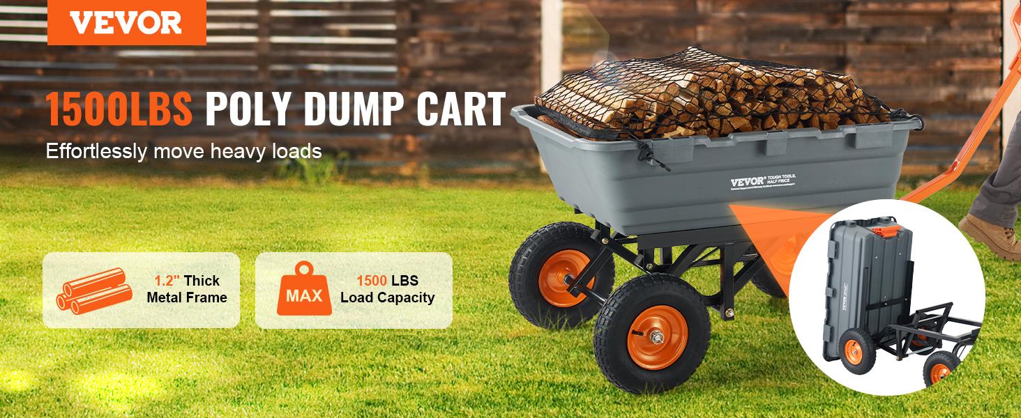VEVOR Poly Garden Dump Cart with Easy to Assemble Steel Frame, TikTokShopBlackFriday, 2-in-1 Convertible Handle, 13 Inch Tires, Max Capacity 1500 lbs, Utility Wheelbarrow Productivity Yard